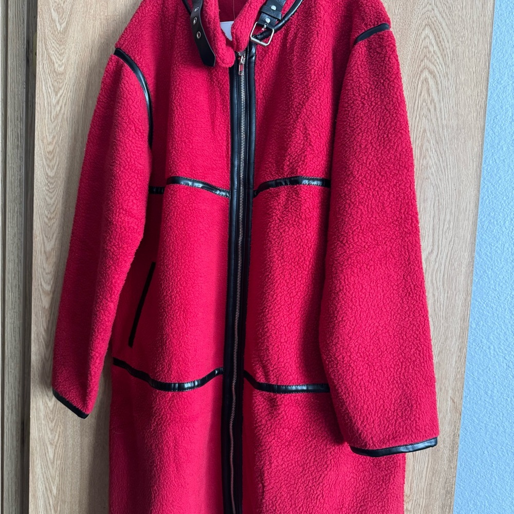 Women's Red Fleece Coat with Black Trim
